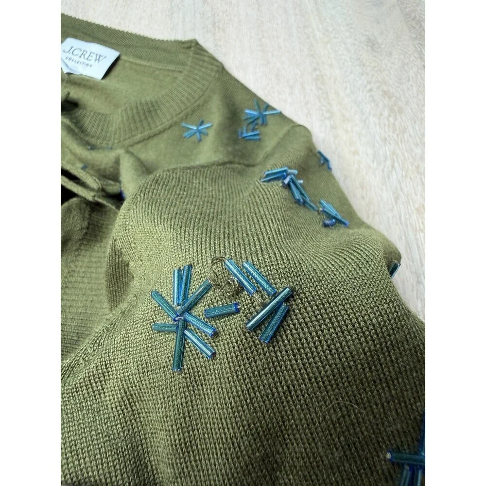 J Crew Collection NWT Crewneck Cardigan in Merino Wool Olive Embellished Small